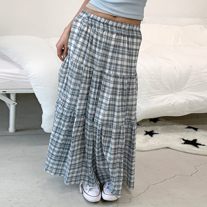 Soft Blue Gray Plaid Tiered Maxi Skirt with Elastic Waist - Vedlit