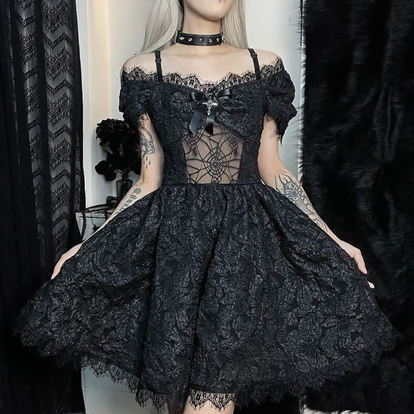 Spider Web Mesh Open Shoulder Gothic Lace Short Dress - Vedlit