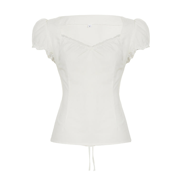 Square Neck Puff Sleeve Fitted Blouse with Back Tie - Vedlit