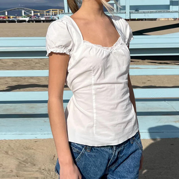 Square Neck Puff Sleeve Fitted Blouse with Back Tie - Vedlit