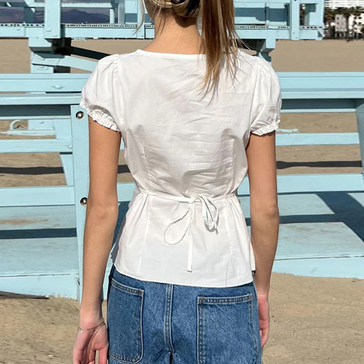 Square Neck Puff Sleeve Fitted Blouse with Back Tie - Vedlit