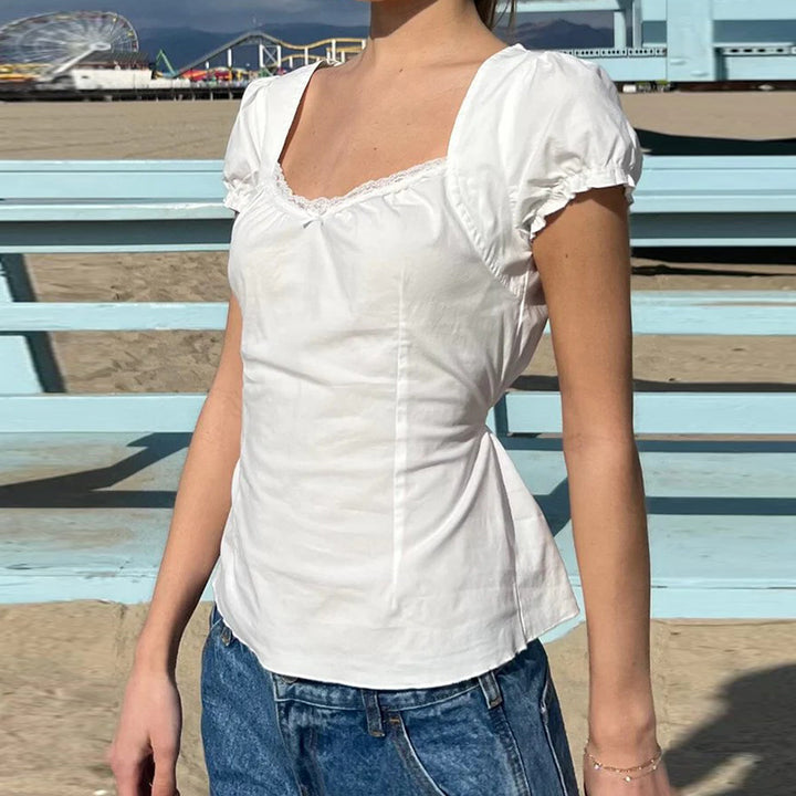 Square Neck Puff Sleeve Fitted Blouse with Back Tie - Vedlit