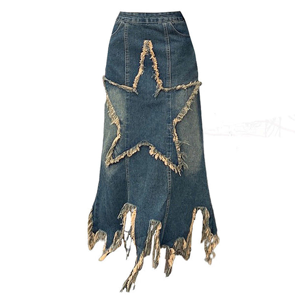 Aesthetic Star Long Denim Skirt - Vedlit