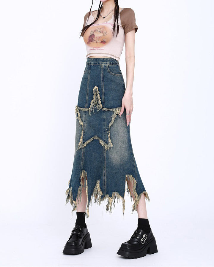Aesthetic Star Long Denim Skirt - Vedlit