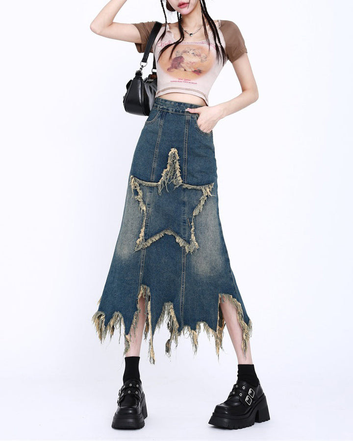 Aesthetic Star Long Denim Skirt - Vedlit