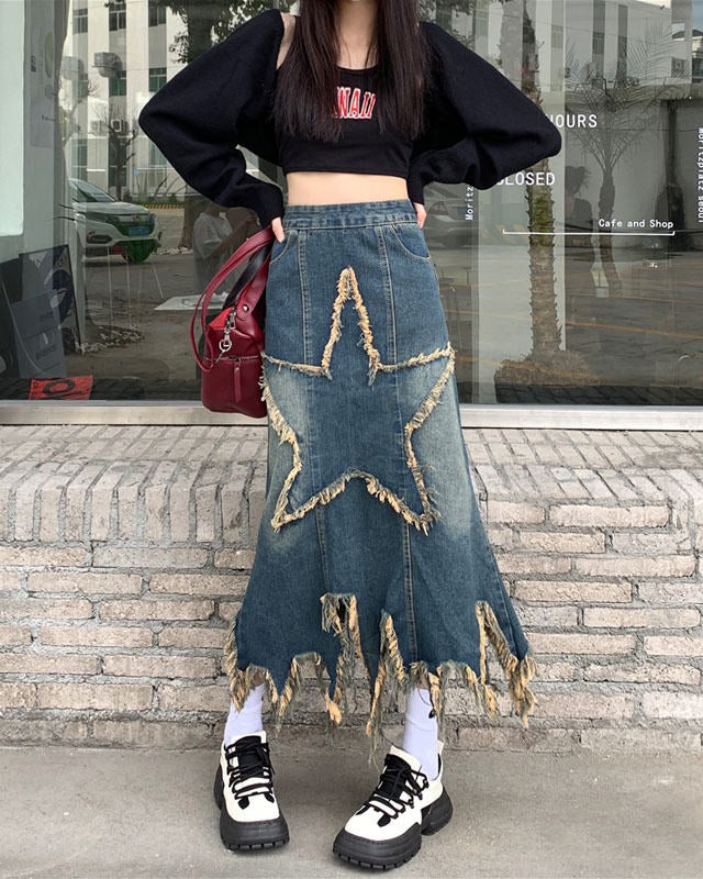 Aesthetic Star Long Denim Skirt - Vedlit