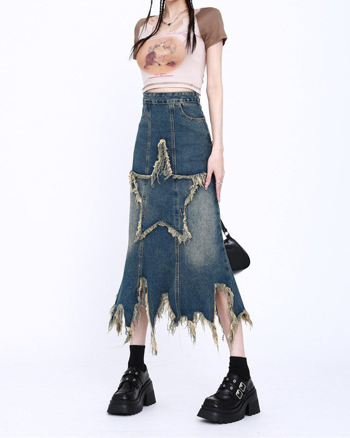 Aesthetic Star Long Denim Skirt - Vedlit