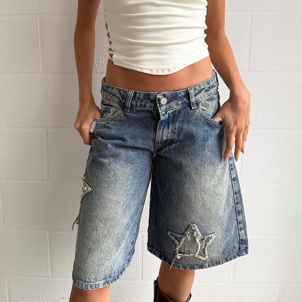 Star Patch Wide-Leg Denim Bermuda Shorts for Women - Vedlit