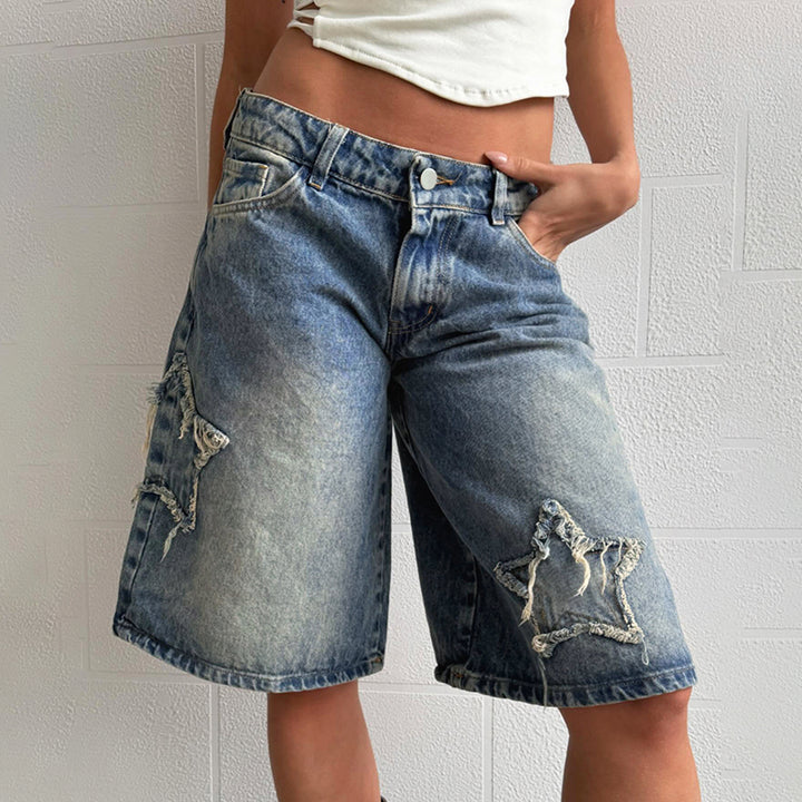 Star Patch Wide-Leg Denim Bermuda Shorts for Women - Vedlit