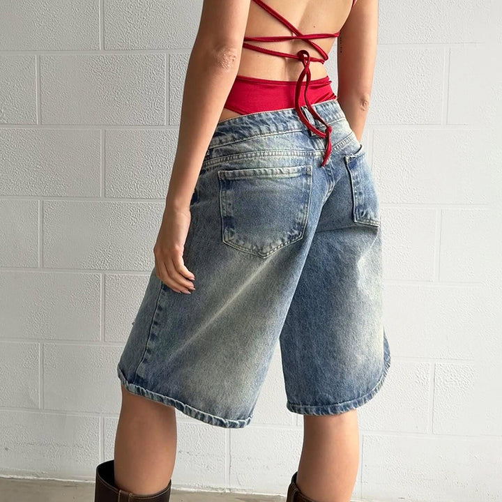 Star Patch Wide-Leg Denim Bermuda Shorts for Women - Vedlit