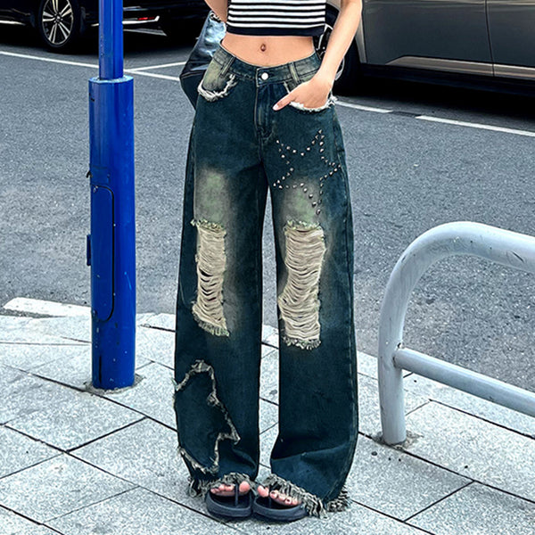 Star Patch Wide-Leg Distressed Jeans with Fringe Hem - Vedlit