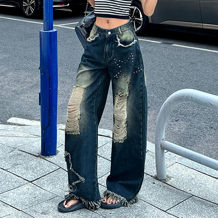 Star Patch Wide-Leg Distressed Jeans with Fringe Hem - Vedlit