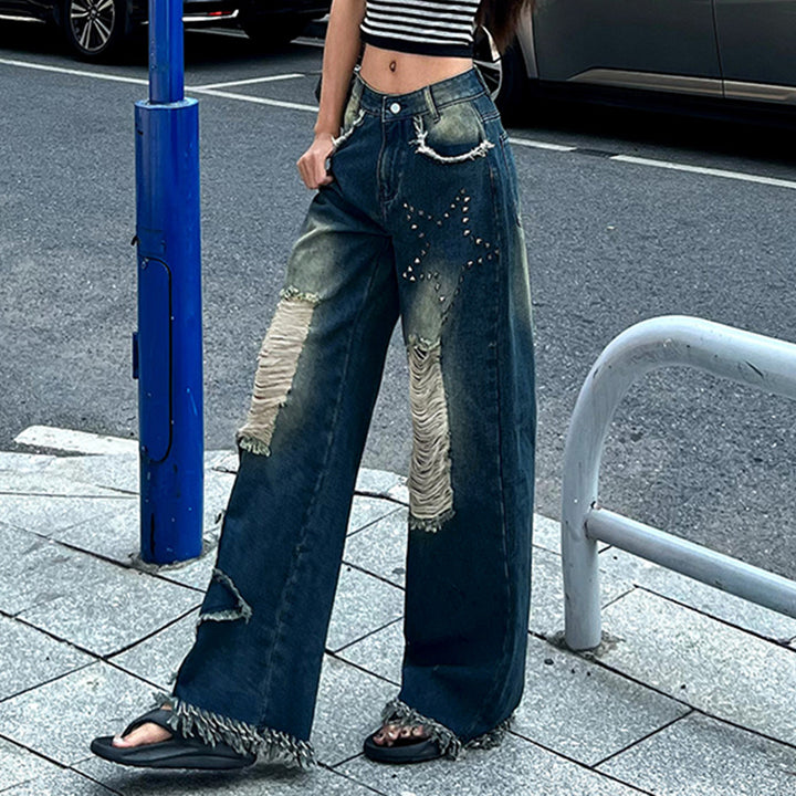 Star Patch Wide-Leg Distressed Jeans with Fringe Hem - Vedlit