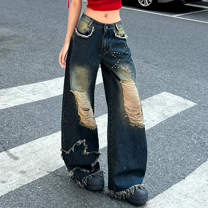 Star Patch Wide-Leg Distressed Jeans with Fringe Hem - Vedlit