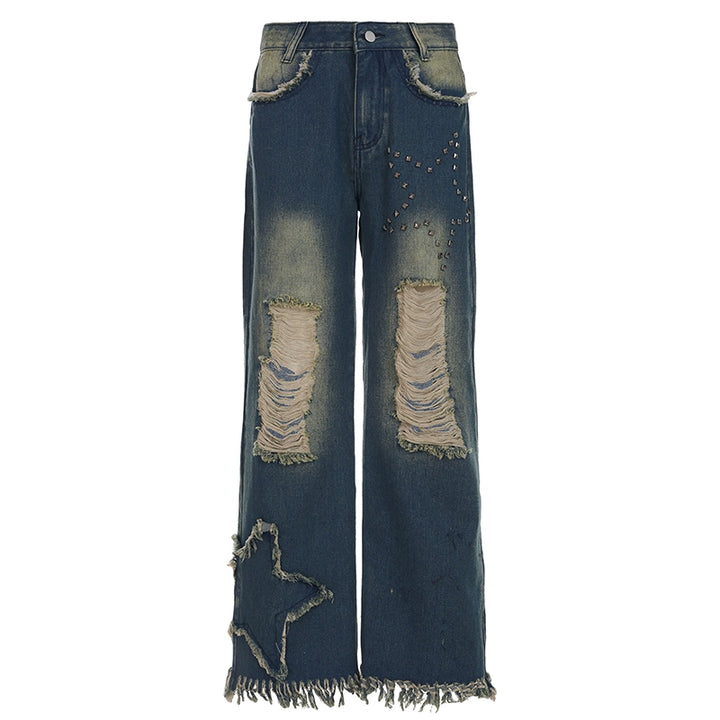 Star Patch Wide-Leg Distressed Jeans with Fringe Hem - Vedlit