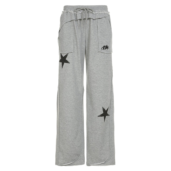 Star Patch Wide-Leg Drawstring Sweatpants - Gray Streetwear - Vedlit