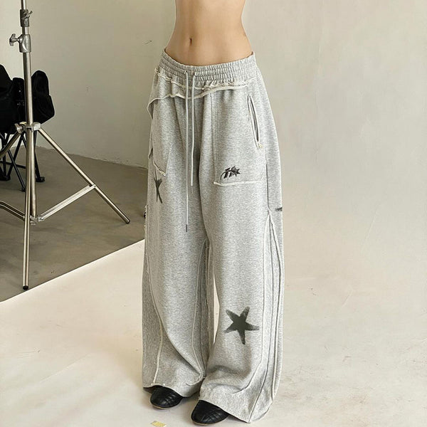 Star Patch Wide-Leg Drawstring Sweatpants - Gray Streetwear - Vedlit