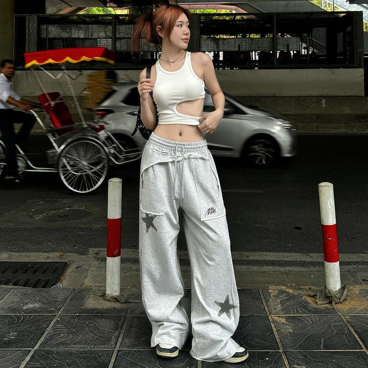 Star Patch Wide-Leg Drawstring Sweatpants - Gray Streetwear - Vedlit