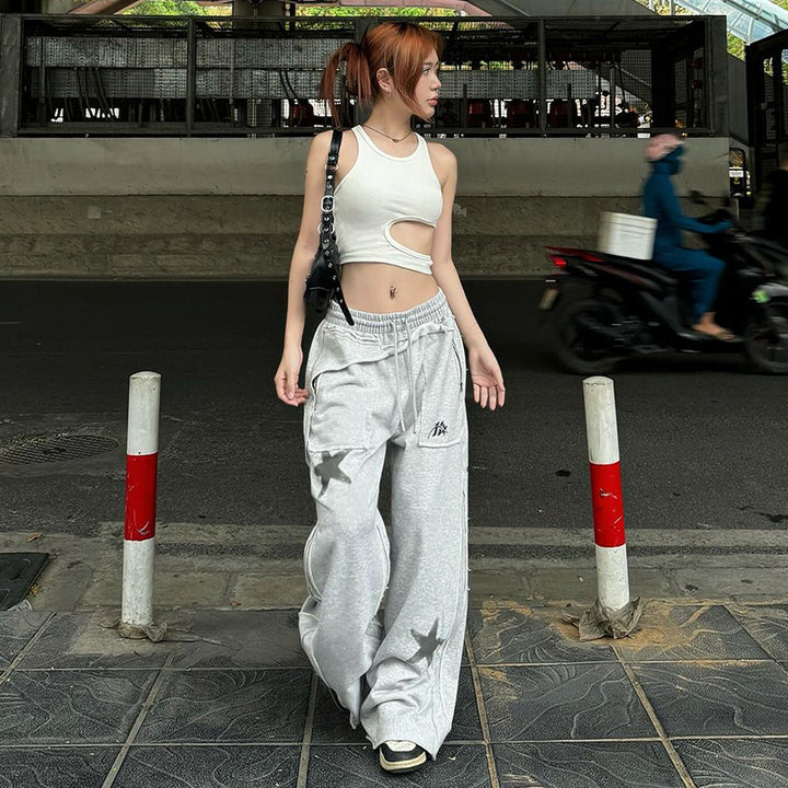 Star Patch Wide-Leg Drawstring Sweatpants - Gray Streetwear - Vedlit