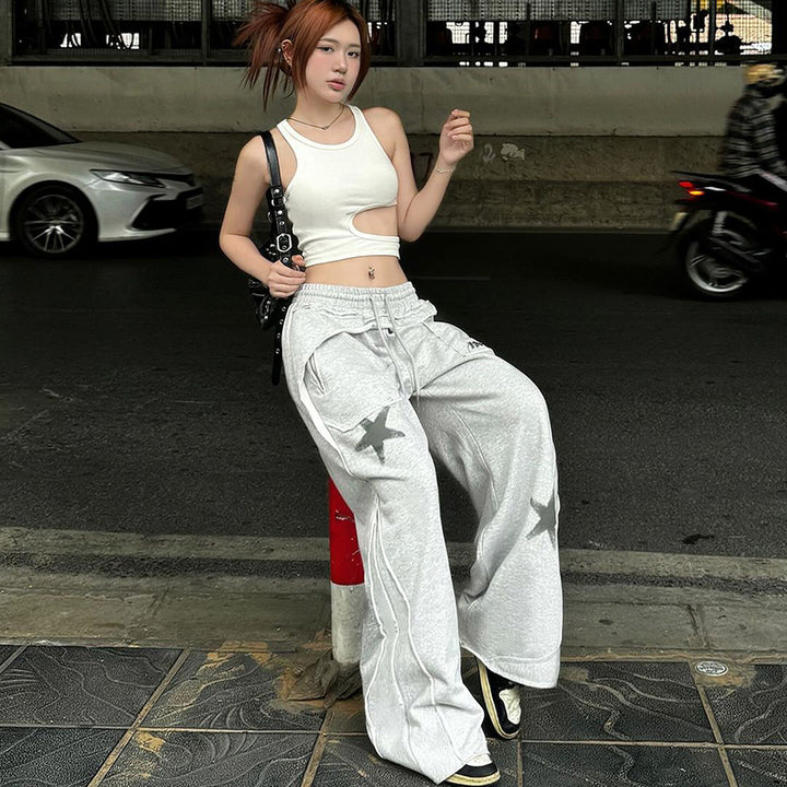 Star Patch Wide-Leg Drawstring Sweatpants - Gray Streetwear - Vedlit