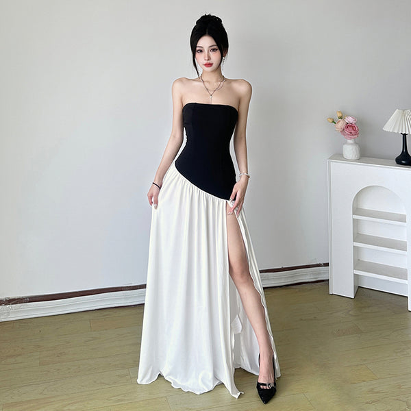 Strapless Black & White High Slit Maxi Gown Dress - Vedlit