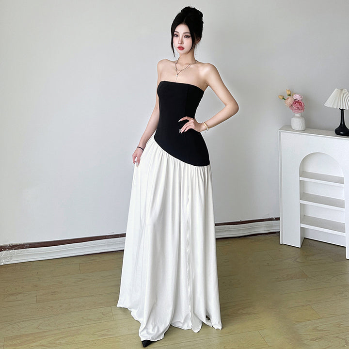 Strapless Black & White High Slit Maxi Gown Dress - Vedlit