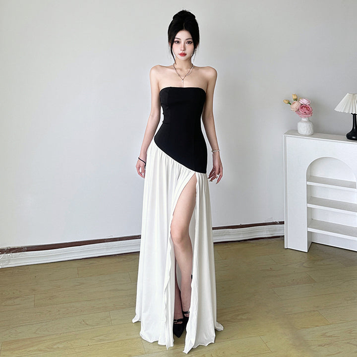 Strapless Black & White High Slit Maxi Gown Dress - Vedlit