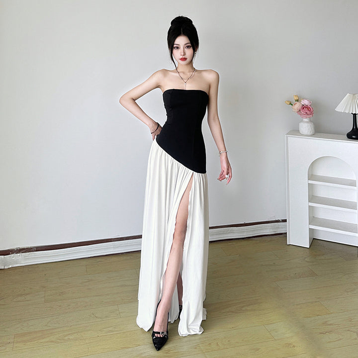 Strapless Black & White High Slit Maxi Gown Dress - Vedlit