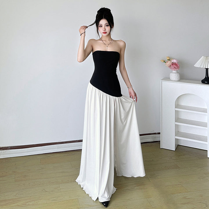 Strapless Black & White High Slit Maxi Gown Dress - Vedlit