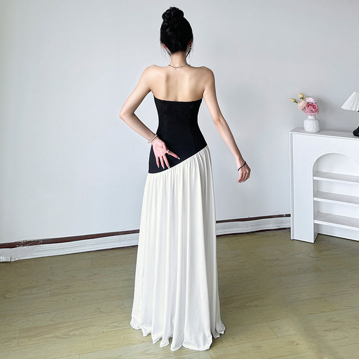 Strapless Black & White High Slit Maxi Gown Dress - Vedlit