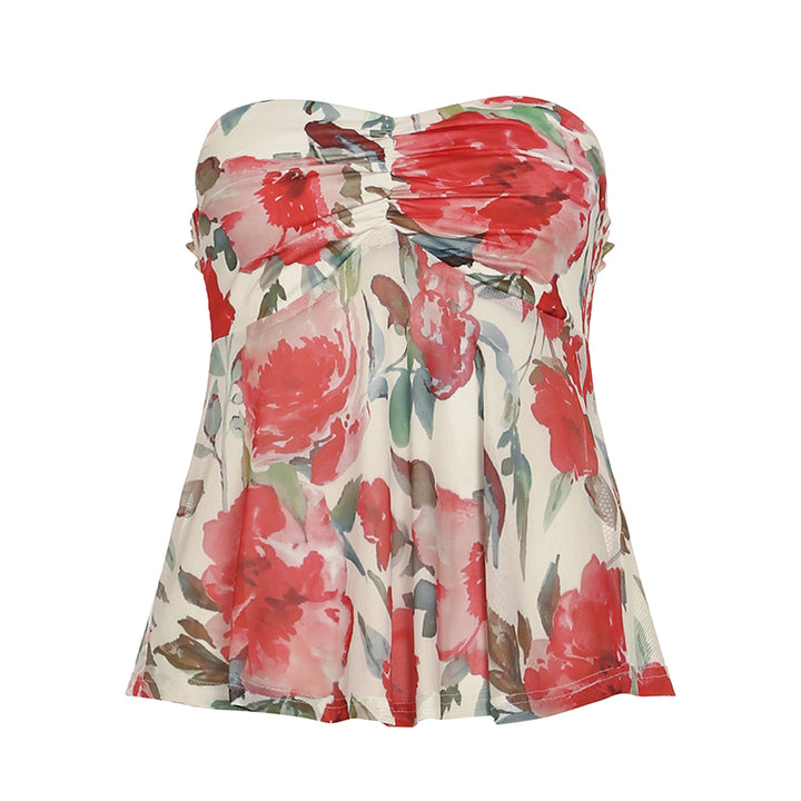 Strapless Floral Mesh Peplum Top - Summer Tube Blouse - Vedlit