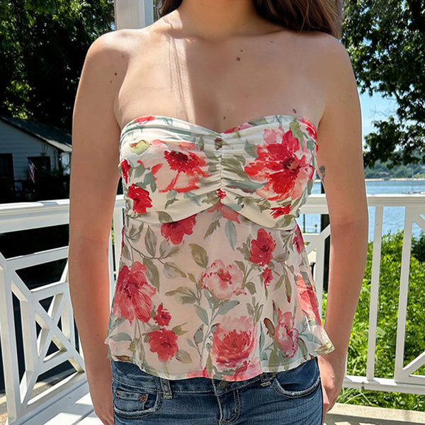 Strapless Floral Mesh Peplum Top - Summer Tube Blouse - Vedlit