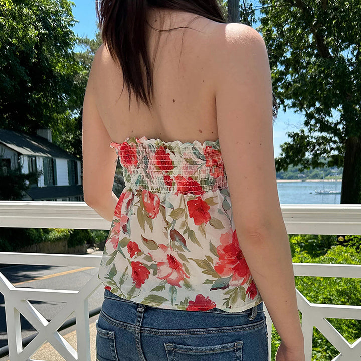 Strapless Floral Mesh Peplum Top - Summer Tube Blouse - Vedlit