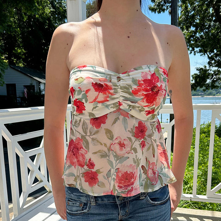 Strapless Floral Mesh Peplum Top - Summer Tube Blouse - Vedlit