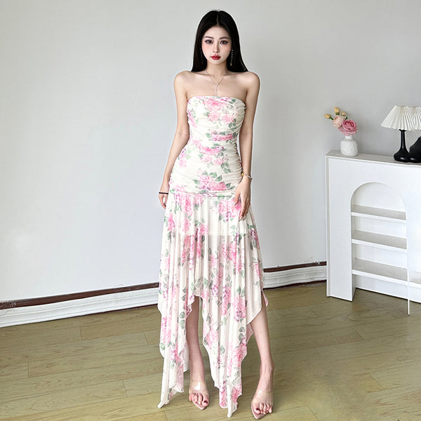 Strapless Ruched Floral Handkerchief Hem Maxi Dress - Vedlit