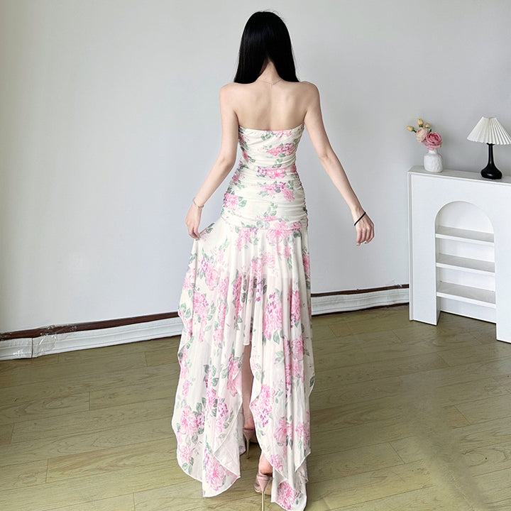 Strapless Ruched Floral Handkerchief Hem Maxi Dress - Vedlit