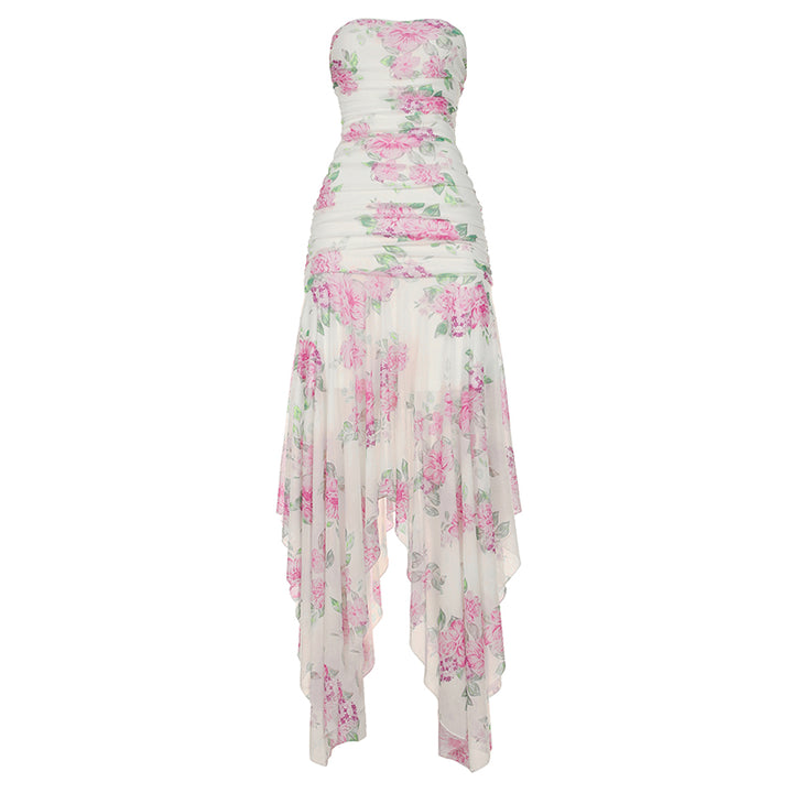 Strapless Ruched Floral Handkerchief Hem Maxi Dress - Vedlit