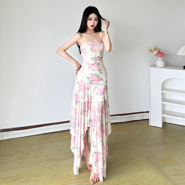 Strapless Ruched Floral Handkerchief Hem Maxi Dress - Vedlit