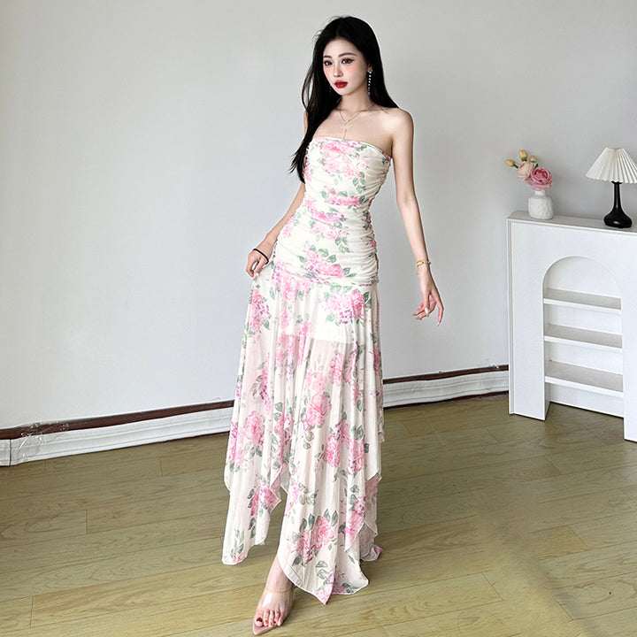 Strapless Ruched Floral Handkerchief Hem Maxi Dress - Vedlit