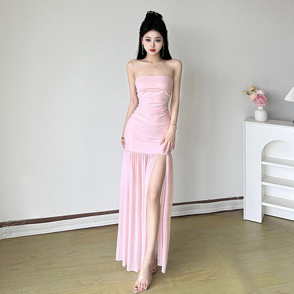 Strapless Ruched Split Hem Maxi Dress in Pink - Vedlit