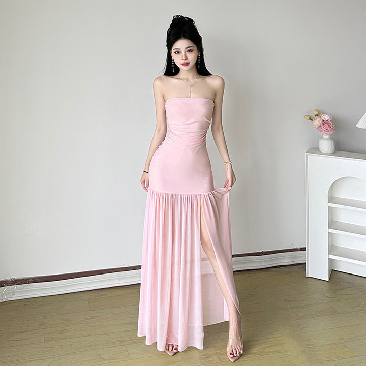 Strapless Ruched Split Hem Maxi Dress in Pink - Vedlit