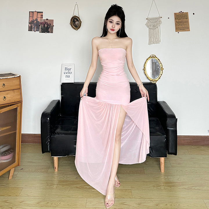 Strapless Ruched Split Hem Maxi Dress in Pink - Vedlit