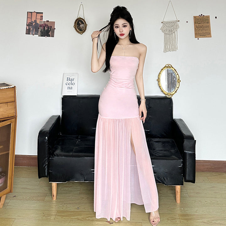 Strapless Ruched Split Hem Maxi Dress in Pink - Vedlit