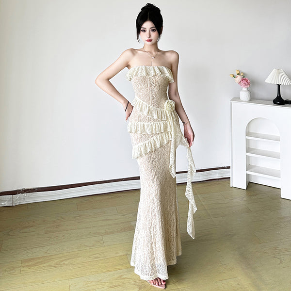 Strapless Ruffle Mermaid Lace Maxi Dress - Vedlit