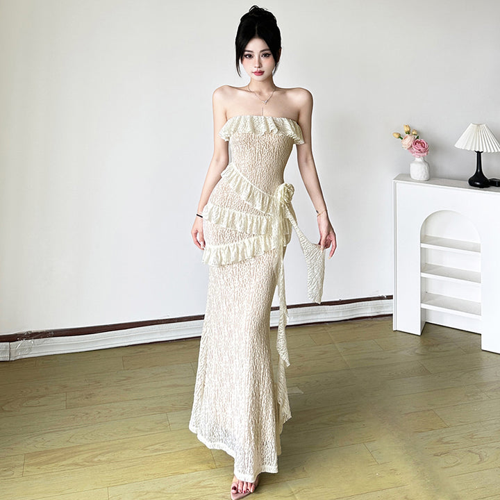 Strapless Ruffle Mermaid Lace Maxi Dress - Vedlit