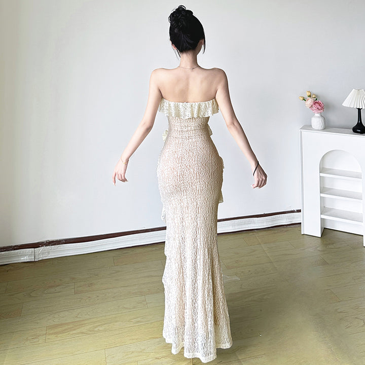 Strapless Ruffle Mermaid Lace Maxi Dress - Vedlit