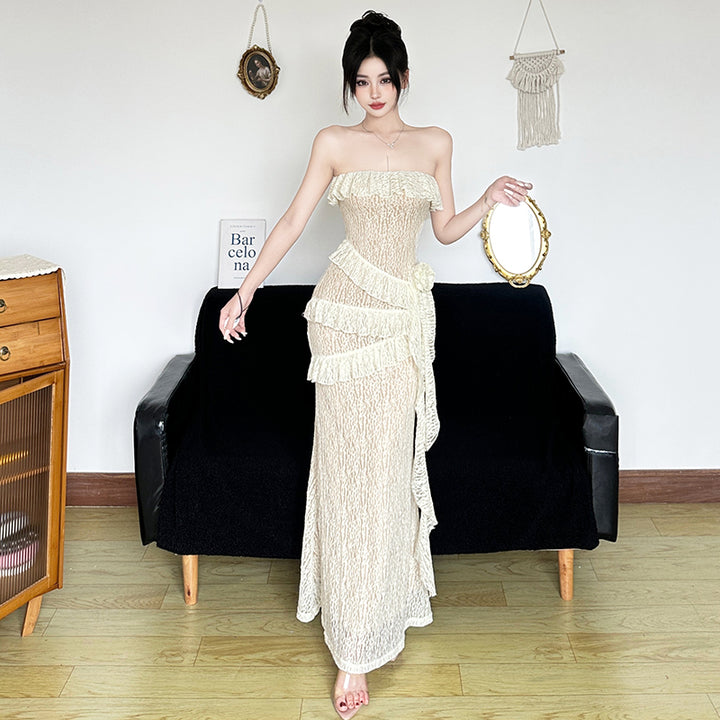 Strapless Ruffle Mermaid Lace Maxi Dress - Vedlit