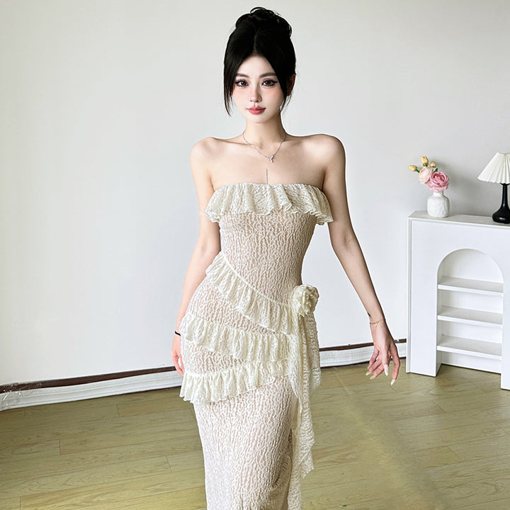 Strapless Ruffle Mermaid Lace Maxi Dress - Vedlit