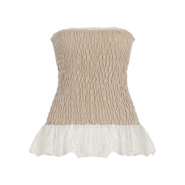 Strapless Shirred Tube Top with Eyelet Ruffle Hem - Vedlit