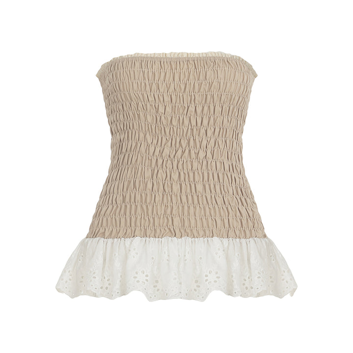 Strapless Shirred Tube Top with Eyelet Ruffle Hem - Vedlit